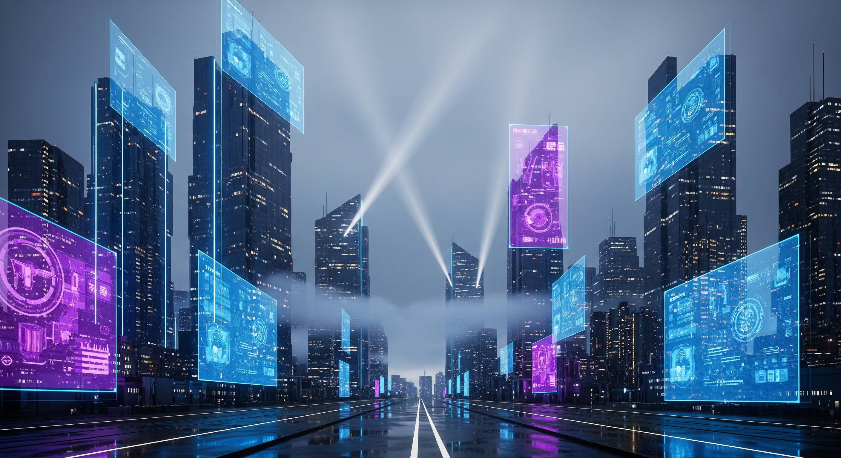 Futuristic tech city with AI, robots, and holographic displays