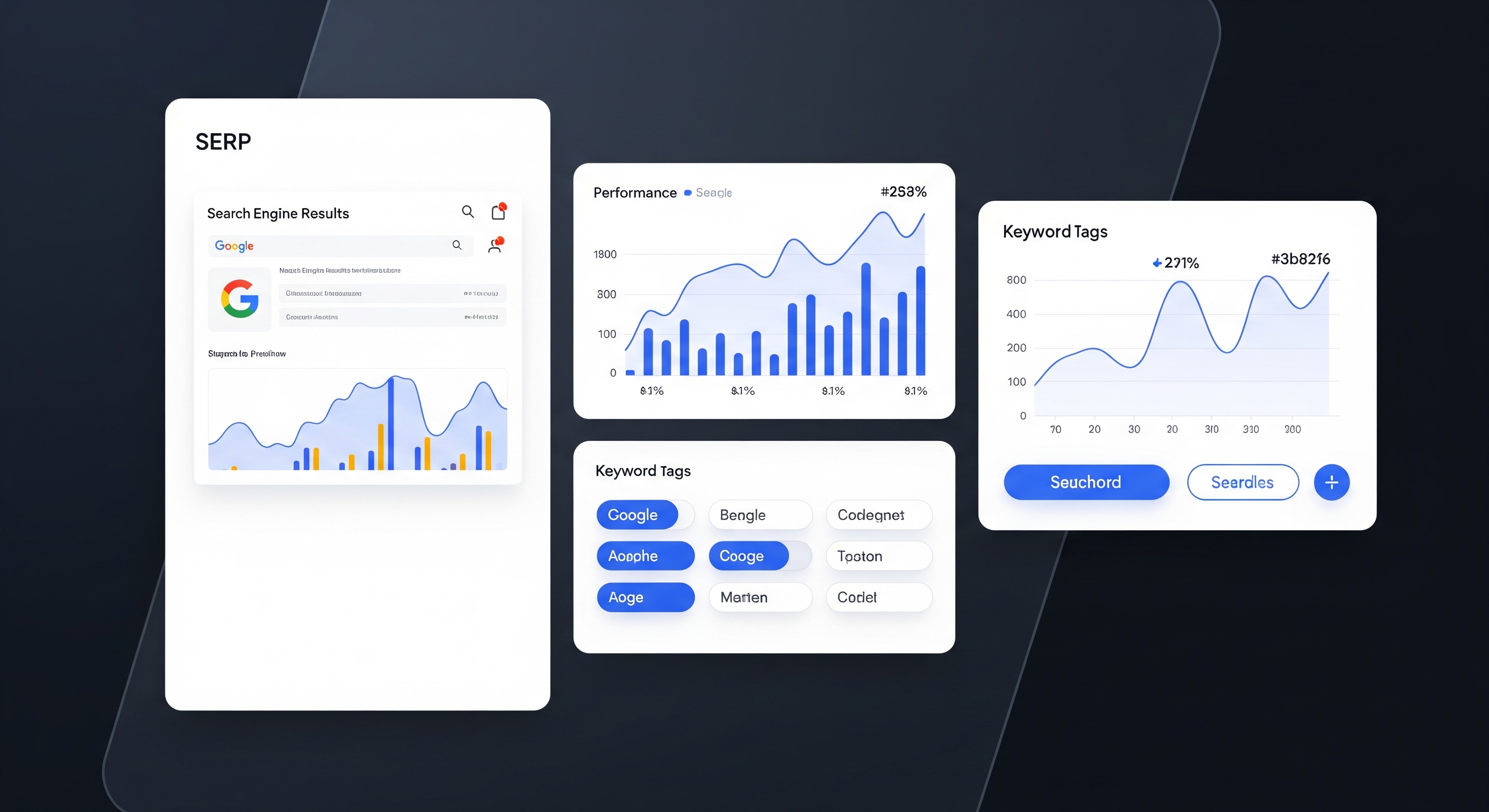 Search engine optimization dashboard with graphs and keywords