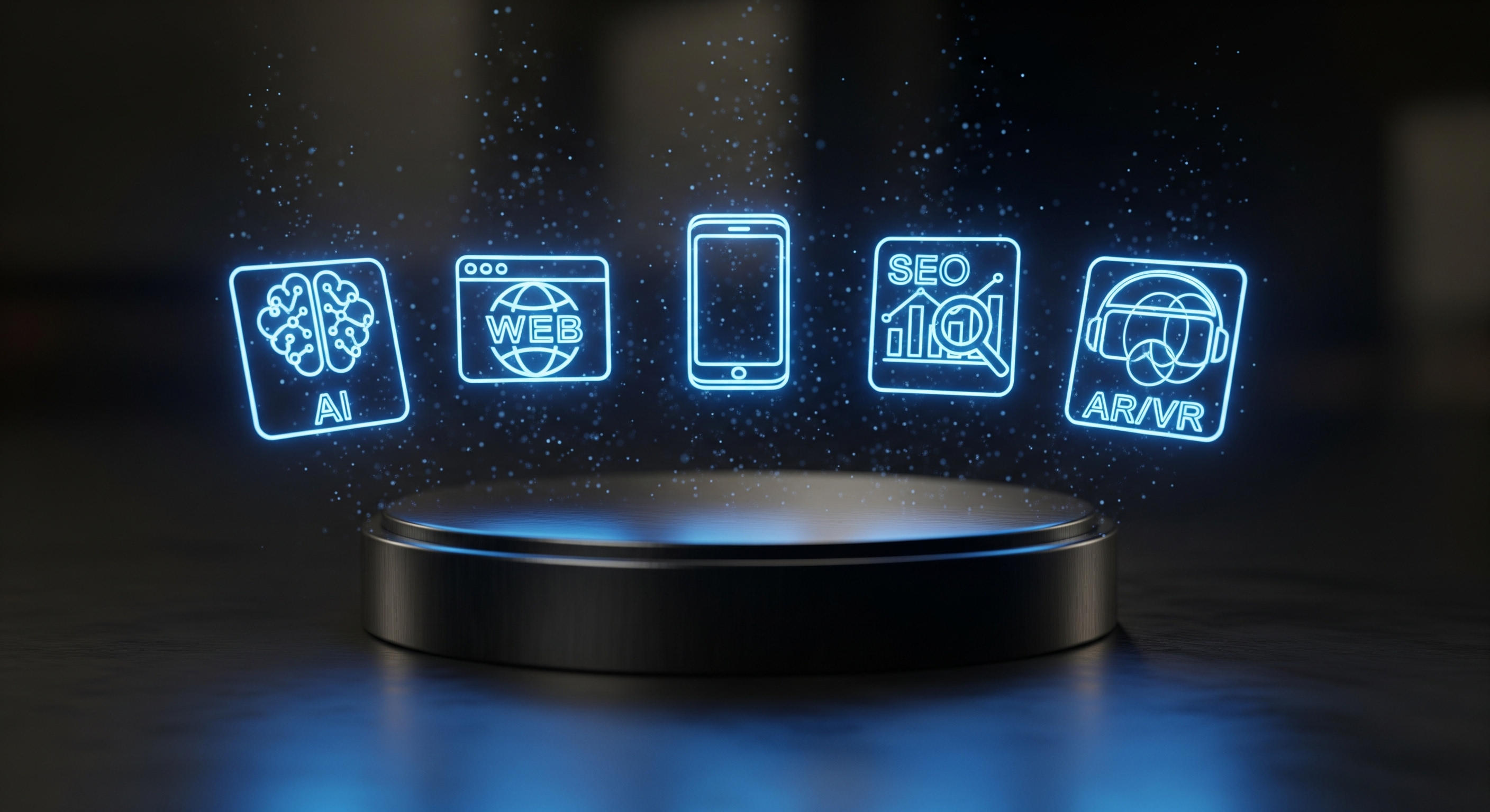 Professional team working on innovative technology solutions with AI and futuristic elements